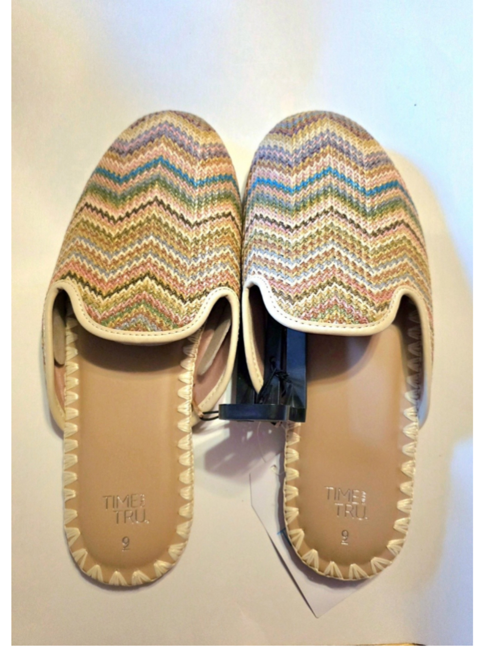 Time and Tru Whipstitch Striped Multicolor Raffia Mules Women Size 9